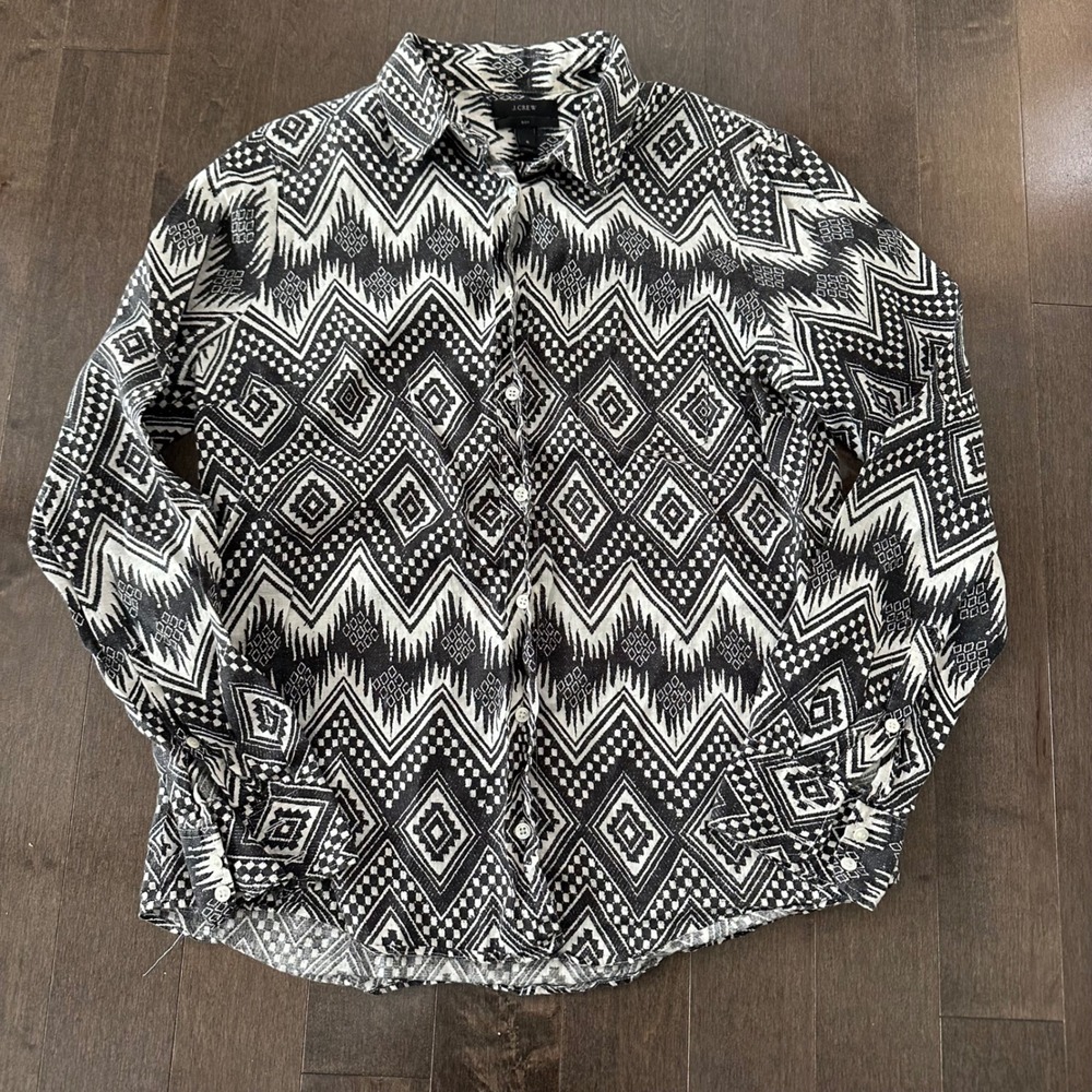J Crew Womens Boy Aztec 100% Linen Button Up Southwestern Festival Black White 8